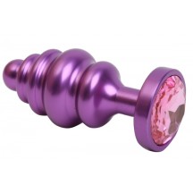 Фиолетовая рифленая анальная пробка с розовым стразом S