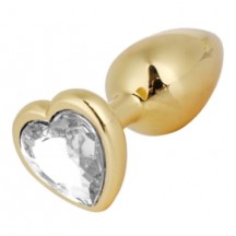 Золотая металлическая анальная пробка с прозрачным камушком в виде сердечка M
