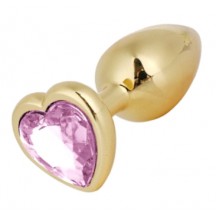 Золотая металлическая анальная пробка с нежно-розовым камушком в виде сердечка S