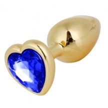 Золотая металлическая анальная пробка с синим камушком в виде сердечка L