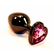 Анальная пробка черного цвета с ярким кристаллом розового цвета в форме сердечка размер M