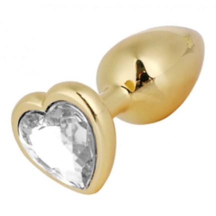 Золотая металлическая анальная пробка с прозрачным камушком в виде сердечка S