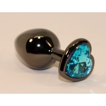 Анальная пробка черного цвета с ярким кристаллом голубого цвета в форме сердечка размер M