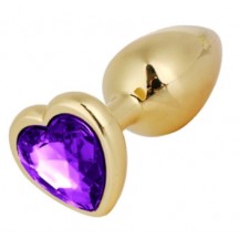 Золотая металлическая анальная пробка с фиолетовым камушком в виде сердечка S