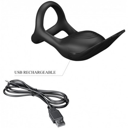 Перезаряжаемое эрекционное вибро-кольцо Pretty Love Vibrant Penis Ring Silas с петлей на мошонку черное