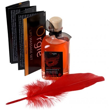Комплект для сладких игр Orgie Lips Massage со вкусом клубники (сладкое массажное масло и перо), 100 мл