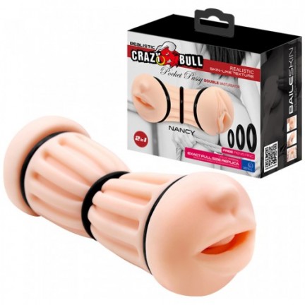 Двусторонний мастурбатор Crazy Bull Nancy вагина и ротик с уплотняющими кольцами