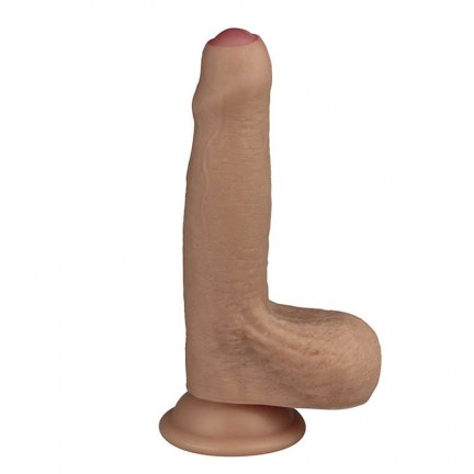 Фаллоимитатор необрезанный на присоске с мошонкой 7 in Dual layered Uncircumcised Liquid Silicone Nature Cock Flesh