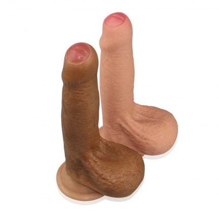 Фаллоимитатор необрезанный на присоске с мошонкой 7 in Dual layered Uncircumcised Liquid Silicone Nature Cock Flesh